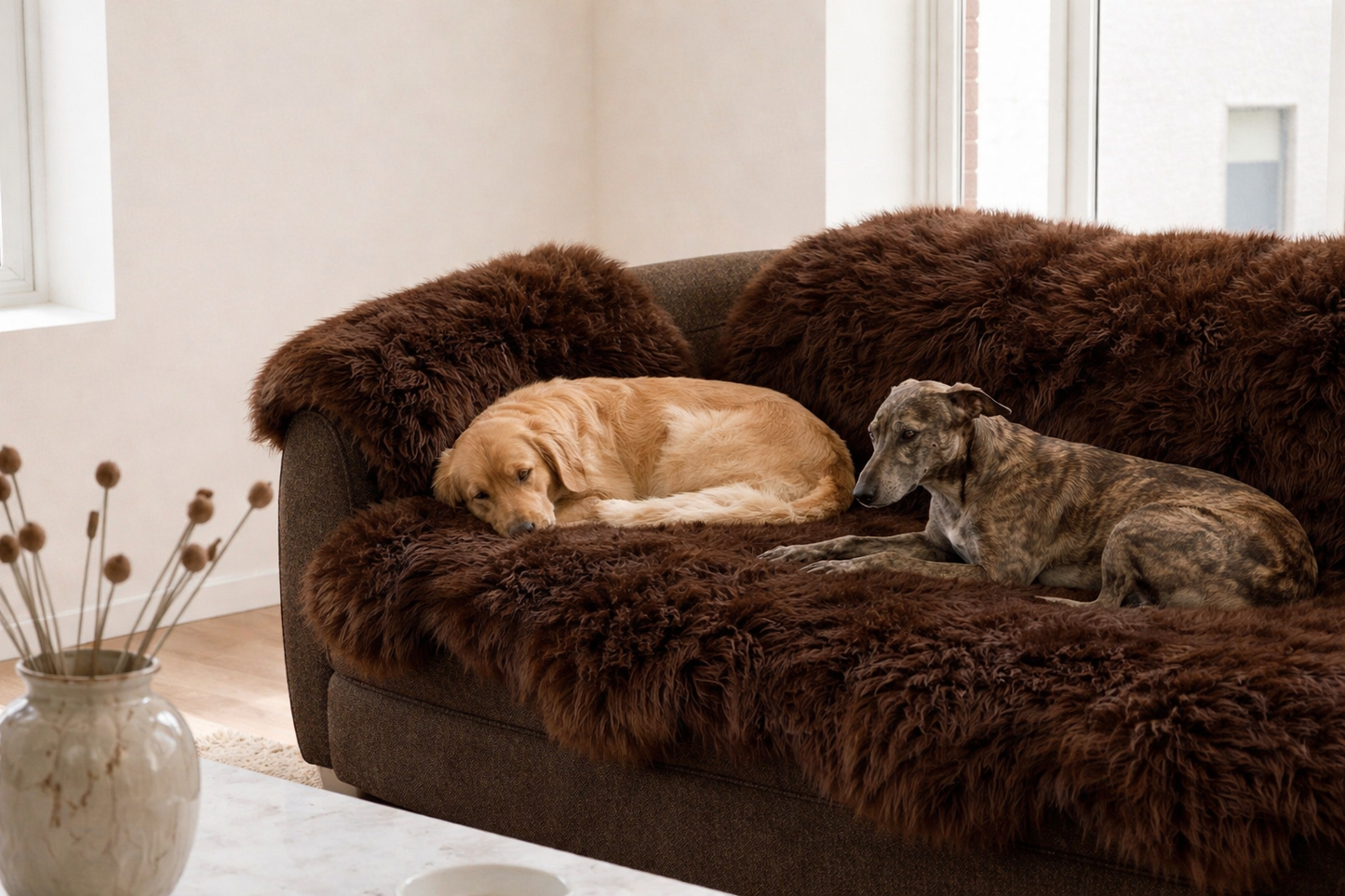 Genuine Brown Sheepskin Couch Cover for Dogs — Natural Sofa Protector (Plastic-Free)
