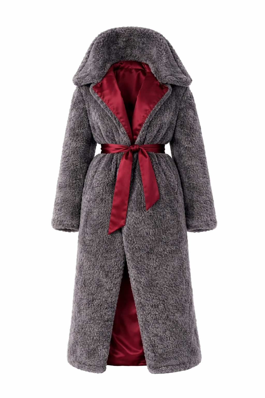 Oversized Woolen Coat with Maroon Silk Lining - Dark Grey