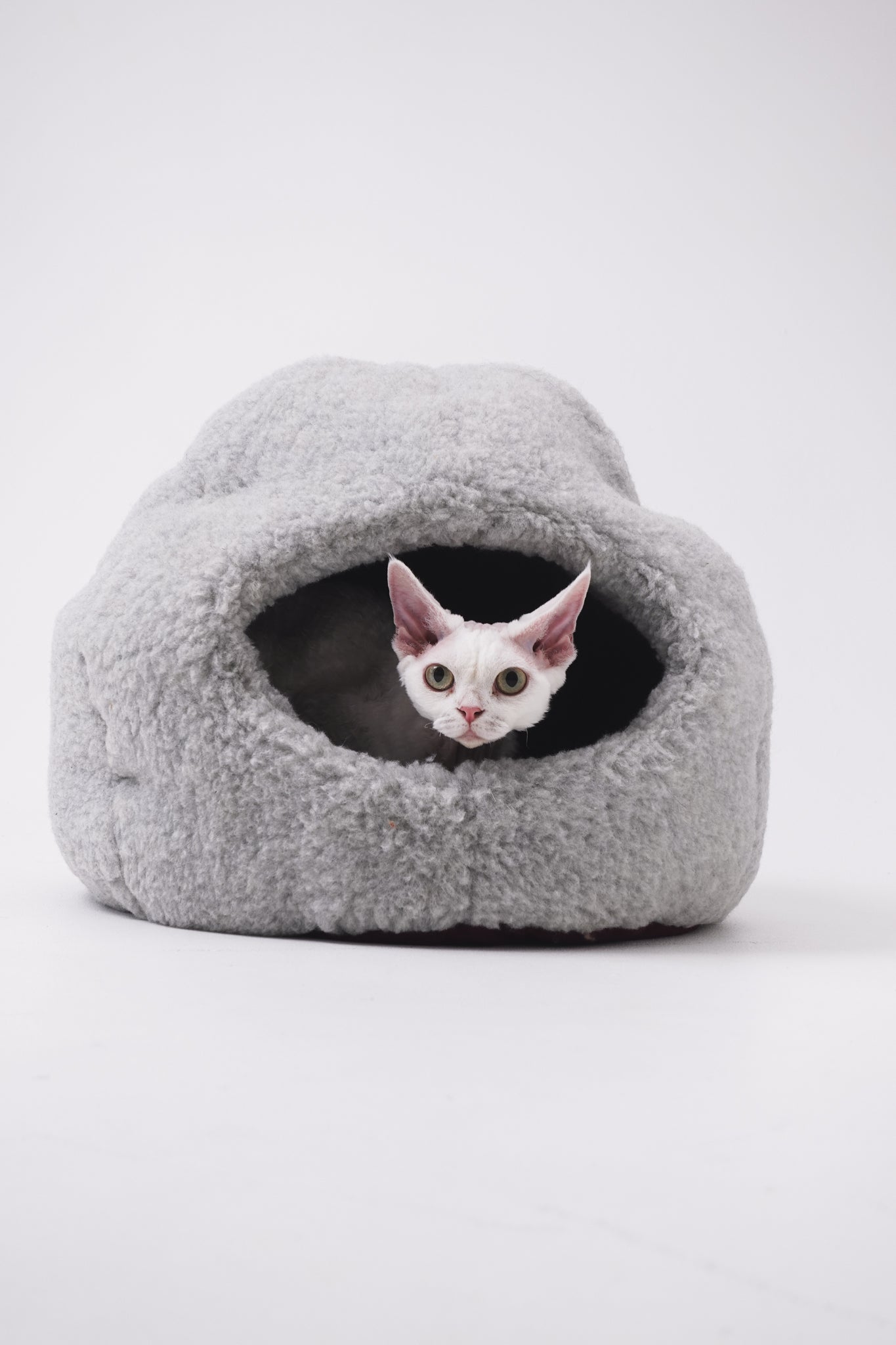 White cat resting inside a gray wool cat cave bed | Natural, non‑toxic pet nest for cats and small dogs | Cozy, handmade pet furniture