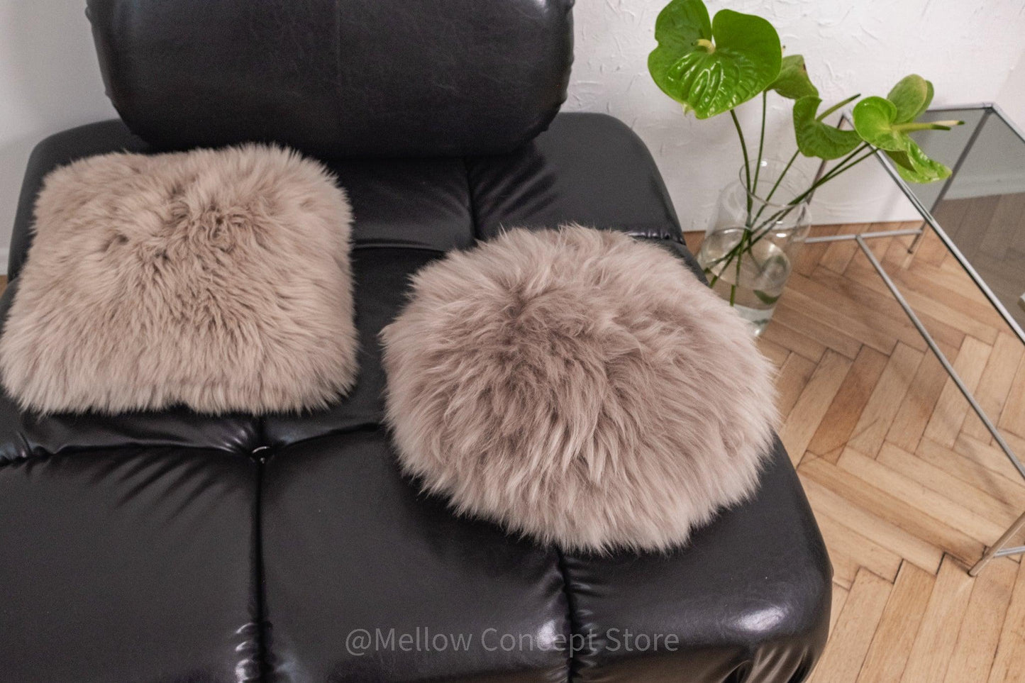 Round Natural Sheepskin Pillow Greige