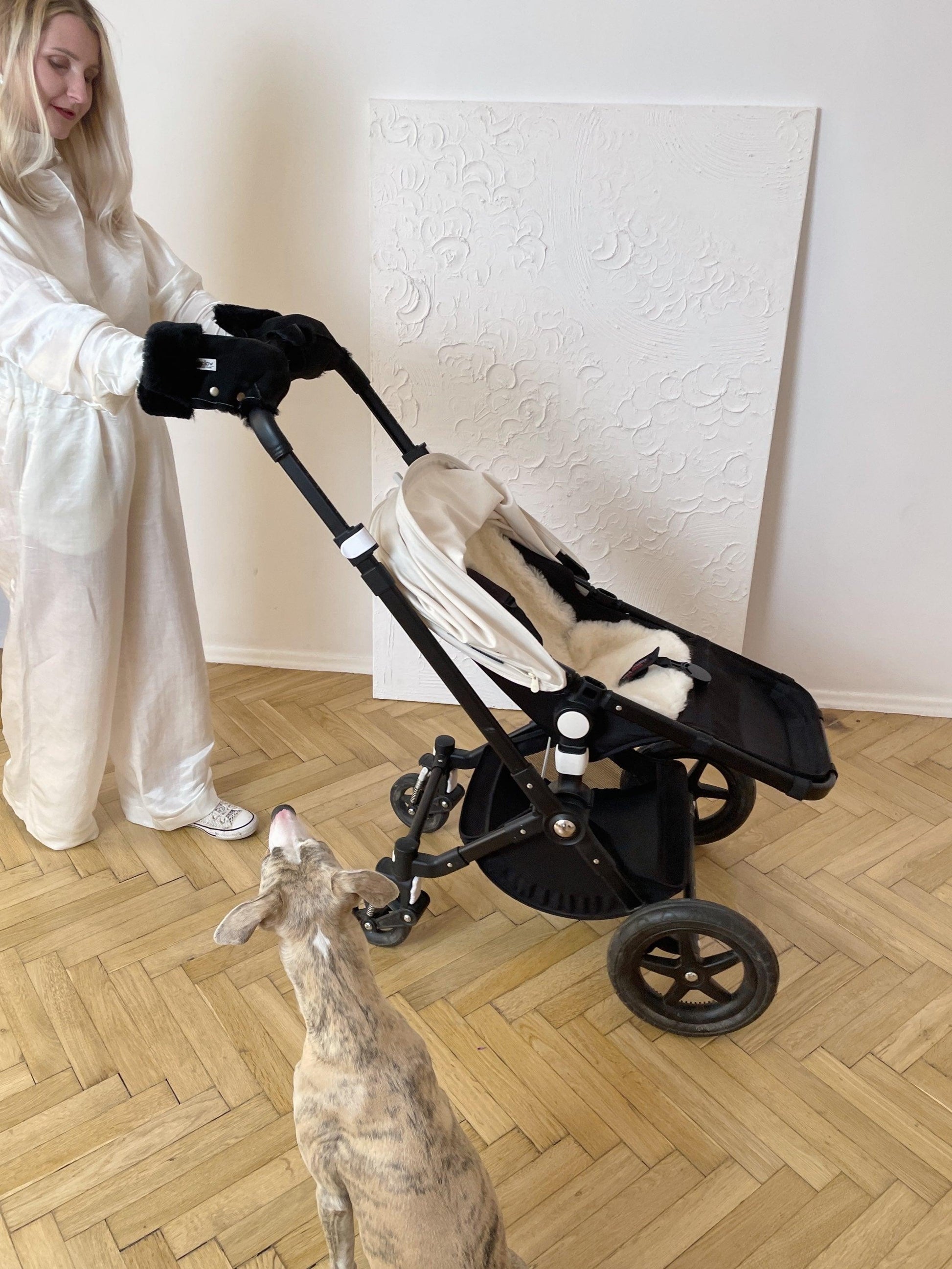 Waterproof Natural Wool Stroller Hand Muffs Black&Charcoal
