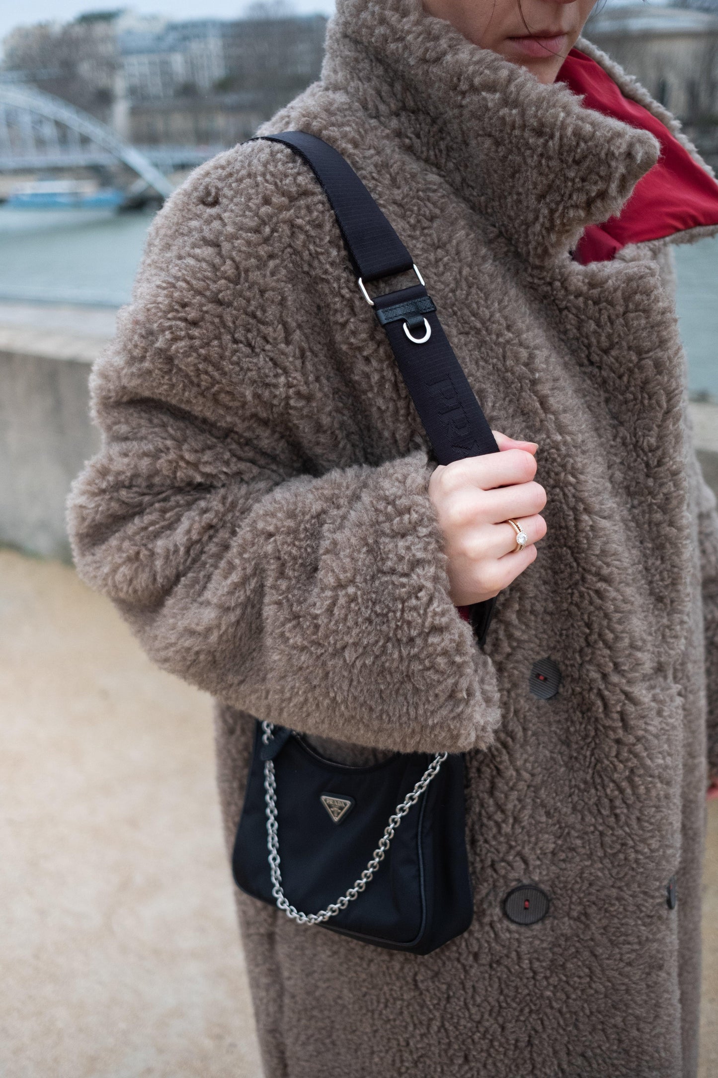 Oversized Woolen Coat with Maroon Silk Lining  Beige