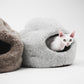 Two cat beds, one gray and one brown, with a white cat peeking out on a white background.  | Natural, non‑toxic pet nest for cats and small dogs | Cozy, handmade pet furniture, natural wool and sheepskin

