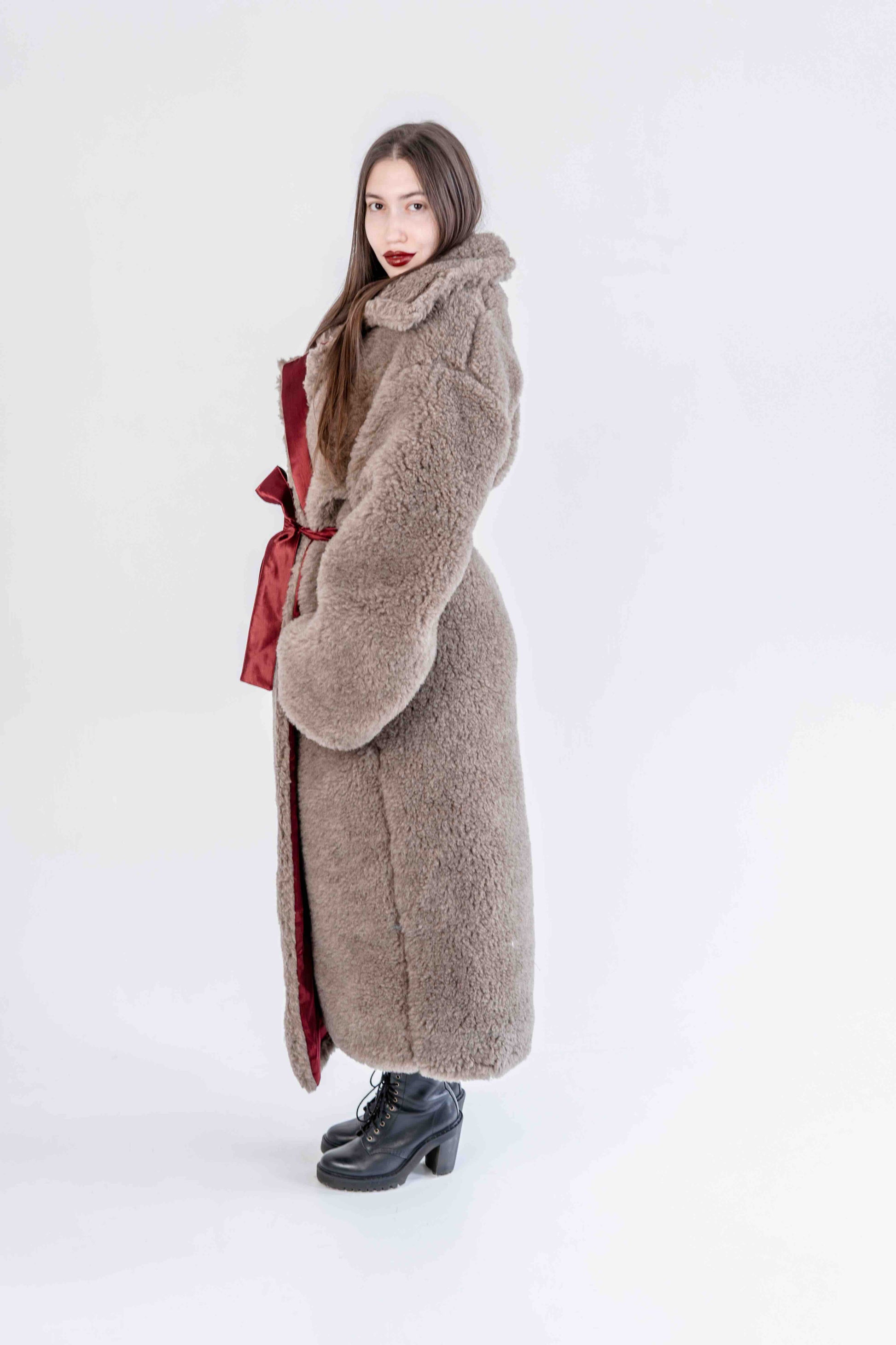 Oversized Woolen Coat with Maroon Silk Lining  Beige