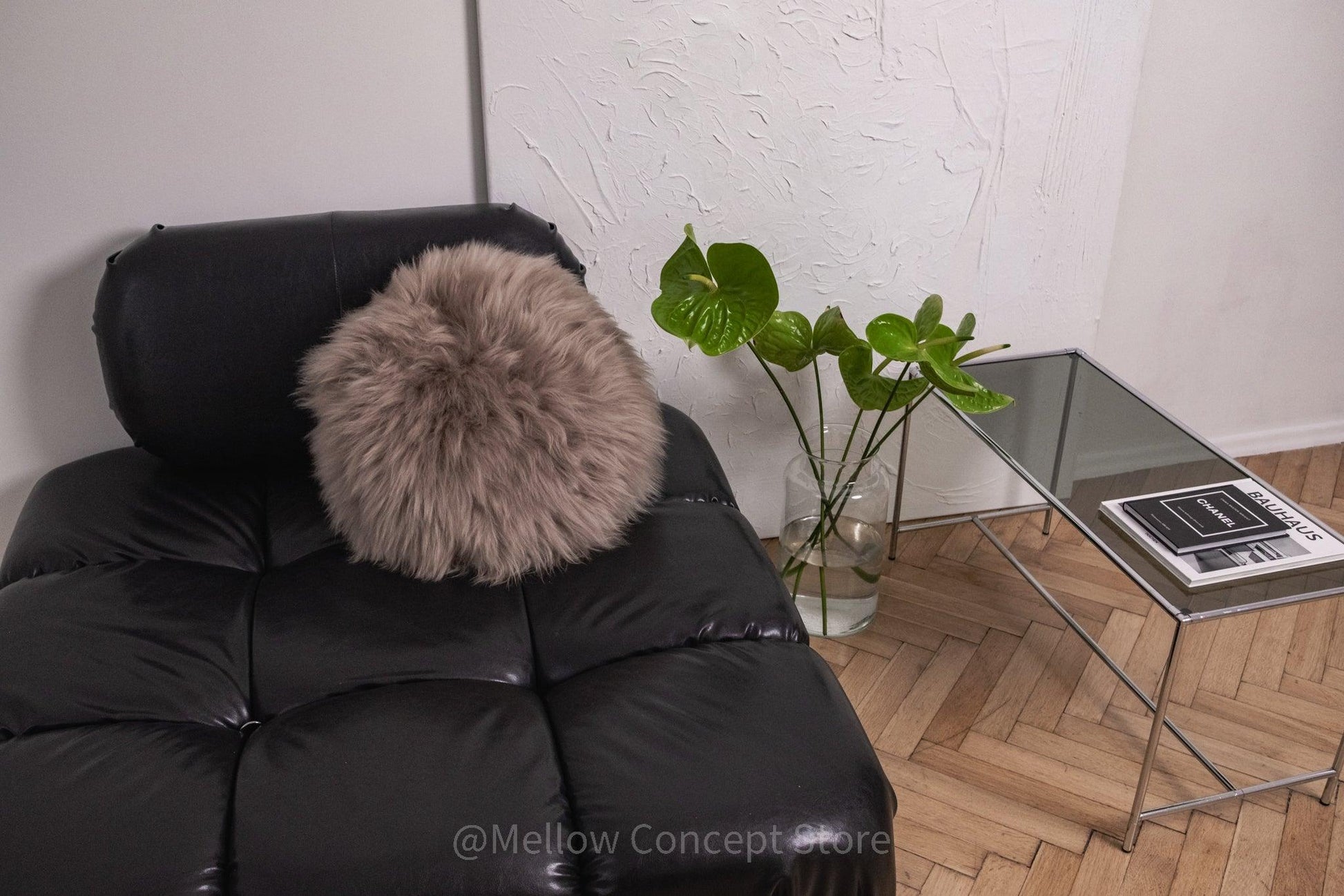 Round Natural Sheepskin Pillow Greige