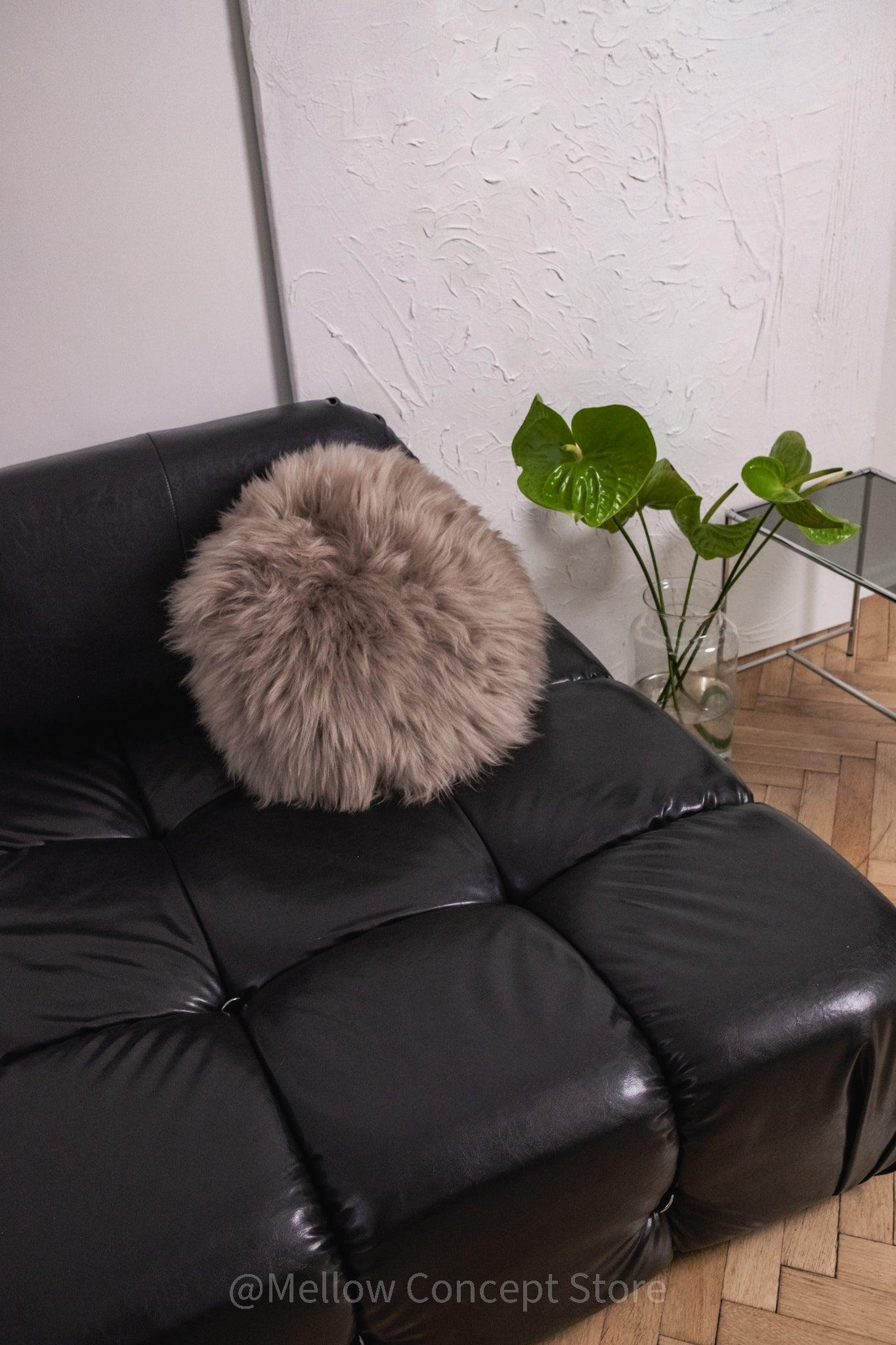 Round Natural Sheepskin Pillow Greige