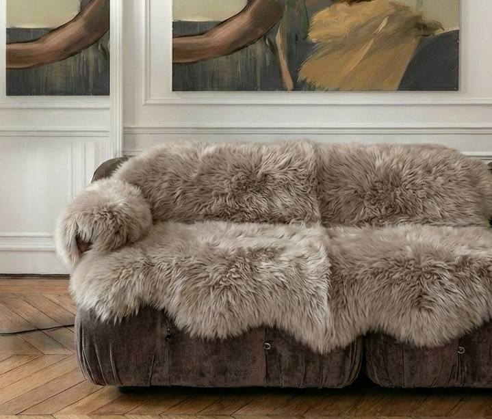 Genuine Beige Sheepskin Couch Cover for Dogs — Natural Sofa Protector (Plastic-Free)