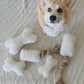 A corgi dog is lounging on a bed with Natural Sheepskin Dog Toy Bones, surrounded by Mellow Pet Store natural sheepskin pet beds.